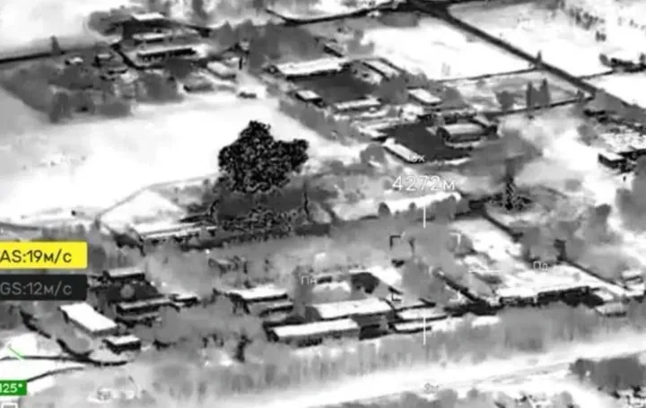 Infrared view of burning warehouses after a Ukrainian drone strike on Russian ammunition storage. (Source: SBU)
