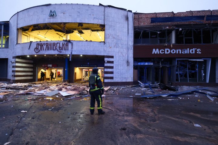 Damaged entrance to Kyiv’s Lukianivska metro station and nearby McDonald’s following a Russian ballistic missile strike on January 18, 2025. (Source: Getty Images)