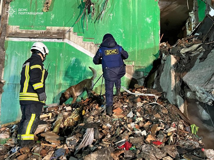 Rescuers clear the debris of a destroyed residential building in Poltava after a Russian missile strike on February 1. (Source: SESU) Rescuers clear the debris of a destroyed residential building in Poltava after a Russian missile strike on February 1. (Source: SESU)