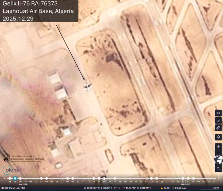 A Russian Il-76 operated by Gelix Airlines at Laghouat Air Base in Algeria, Dec. 29, 2025. (Source: Defense News / Planet Labs / James Martin Center for Nonproliferation Studies)
