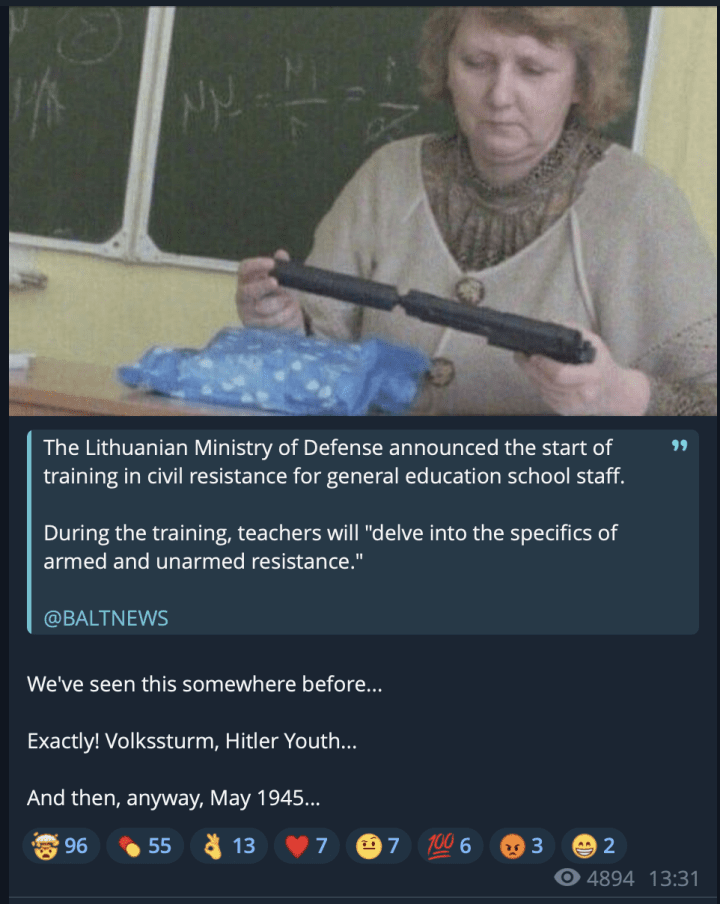 A post on the Antifascists of the Baltics Telegram channel comparing Lithuania’s civil resistance training to Hitler Youth and Volkssturm. Source: antifalivland/Telegram