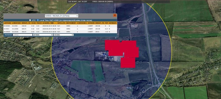 NASA FIRMS satellite imagery shows thermal anomalies at the Tavriiska Thermal Power Plant following a drone strike on June 20, 2026. (Source: NASA FIRMS)