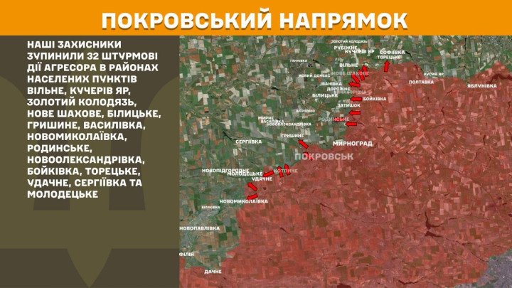 Mapa táctico del eje de Pokrovsk que ilustra las 32 direcciones de asalto ruso detenidas por las fuerzas ucranianas.