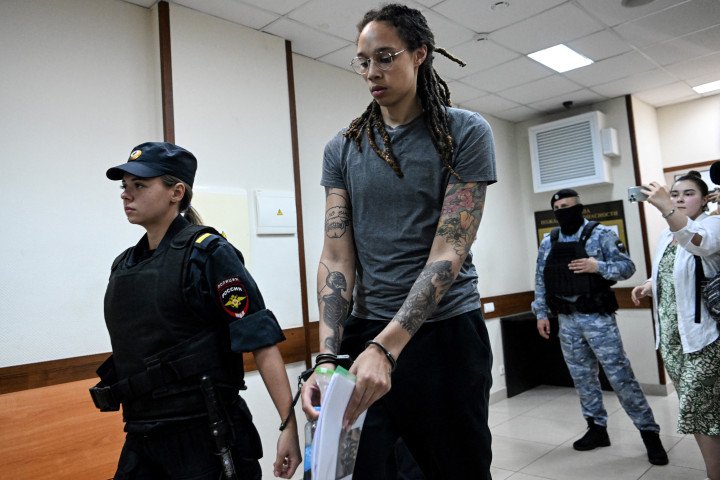 Brittney Griner, who was detained at Moscow's Sheremetyevo airport and later charged with illegal possession of cannabis, leaves the courtroom before the court's final decision in Khimki outside Moscow, on August 4, 2022. (Source: Getty Images) Brittney Griner, who was detained at Moscow's Sheremetyevo airport and later charged with illegal possession of cannabis, leaves the courtroom before the court's final decision in Khimki outside Moscow, on August 4, 2022. (Source: Getty Images)