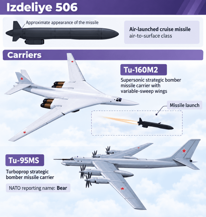Illustration of Russia’s Kh-BD cruise missile and its strategic bomber carriers, the Tu-160M2 and Tu-95MS. (Photo: Open source)