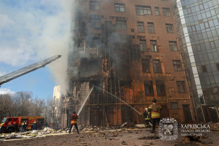 Residential building after a direct hit by a rocket-powered drone in the Kyivskyi district of Kharkiv. (Source: Kharkiv Regional Military Administration)
