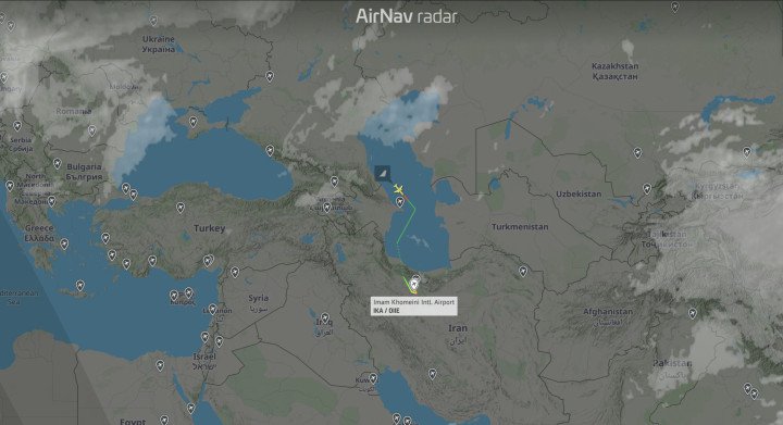 Flight path of the Russian Tu-214PU to Tehran on July 13, 2026. (Source: AirNav Radar)