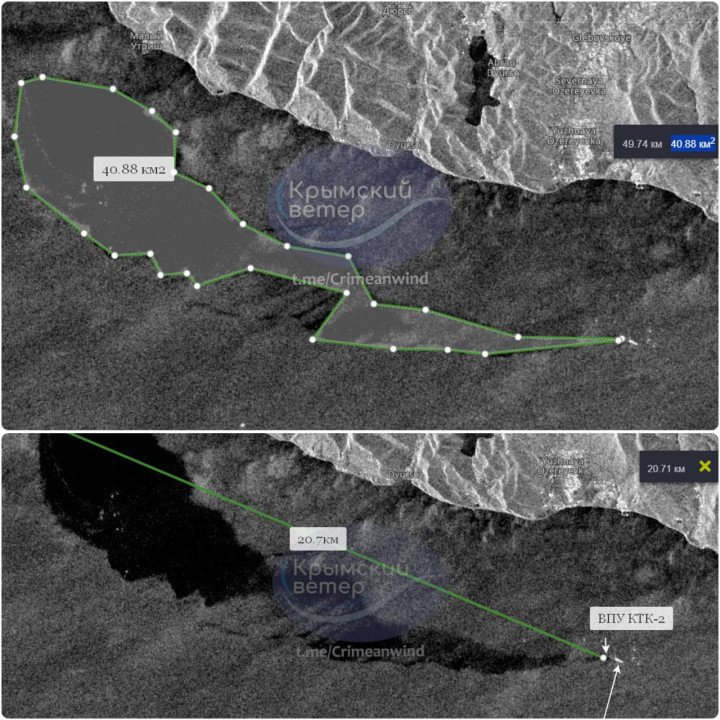 Satellite Images Show Expanding Oil Slick Off Russian Coast Near Novorossiysk. (Source: Krymskiy Veter / Telegram) Satellite Images Show Expanding Oil Slick Off Russian Coast Near Novorossiysk. (Source: Krymskiy Veter / Telegram)