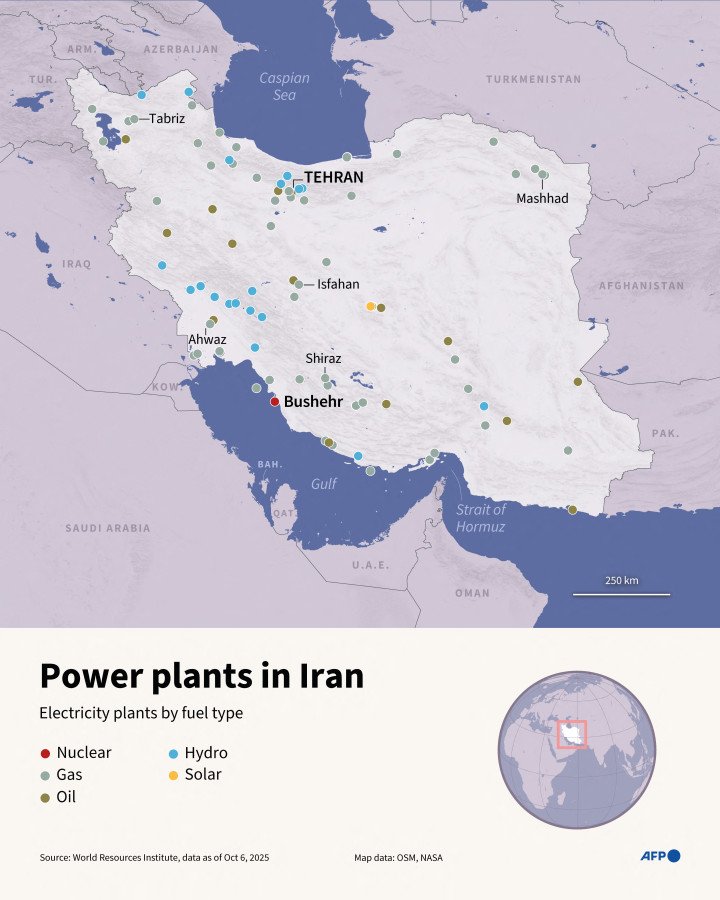 Infographic map of Iran highlighting power plants by fuel type based on World Resources Institute data. (Source: Getty Images) Infographic map of Iran highlighting power plants by fuel type based on World Resources Institute data. (Source: Getty Images)