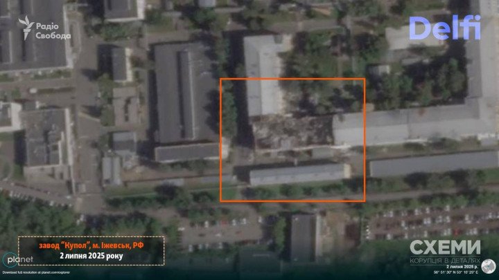 Satellite image shows damage to Kupol defense plant in Izhevsk, Russia, after Ukrainian drone strike. July 2, 2025. (Source: Planet Labs via Schemes/Delfi) Satellite image shows damage to Kupol defense plant in Izhevsk, Russia, after Ukrainian drone strike. July 2, 2025. (Source: Planet Labs via Schemes/Delfi)