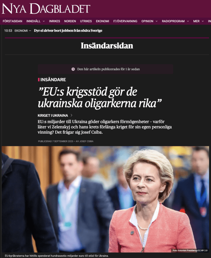 The article headline translates as: “EU Military Aid Makes Ukrainian Oligarchs Rich.” (Source: Nyadagbladet)