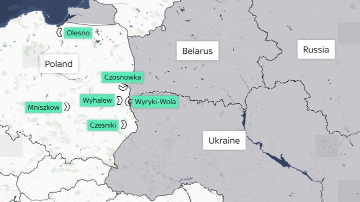 Map showing locations in eastern Poland where Russian drones crossed the border from Belarus and Ukraine on September 10, 2025. (Source: Sky News)