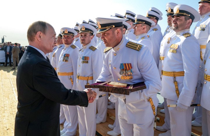Vladimir Putin attends the flag-raising ceremony for the Borei-A class submarine Knyaz Pozharsky in Severodvinsk, July 24, 2025. (Source: Getty Images) Vladimir Putin attends the flag-raising ceremony for the Borei-A class submarine Knyaz Pozharsky in Severodvinsk, July 24, 2025. (Source: Getty Images)