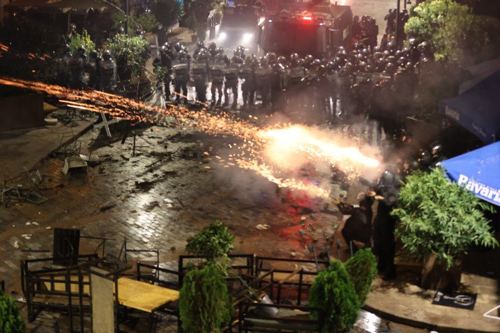 Police and protesters clash near the Presidential Palace at Orbeliani Square during demonstrations in Tbilisi, Georgia, October 4, 2025. (Source: Getty Images)