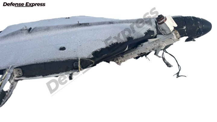 Partially intact airframe of the Russian-modified drone, revealing the mounting structure for air-to-air missile deployment. (Photo: Defense Express)