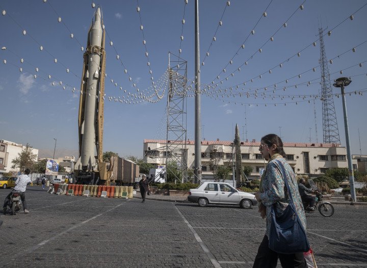 An Iranian Sejjil solid-fueled medium-range ballistic missile displayed during a military exhibition in Tehran, September 2023. (Source: Getty Images)
