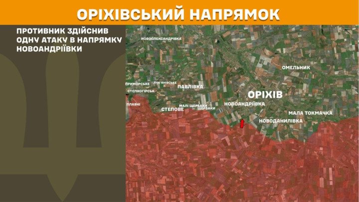 Mapa militar del eje de Orikhiv indicando líneas de contacto y ataques rusos focalizados hacia Novoandriivka en Zaporiyia.
