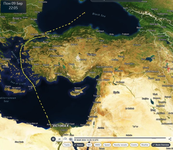 Route of the Russian-flagged bulk carrier Victoria K, which transported wheat loaded in occupied Mariupol through the Black Sea and Mediterranean before arriving at the Egyptian port of Alexandria on March 9, 2026. (Source: Kateryna Yaresko)