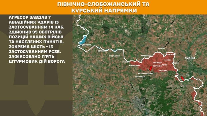 Mapa táctico de los ejes Norte de Slobozhansky y Kursk marcando las zonas de los 5 ataques y bombardeos rusos.