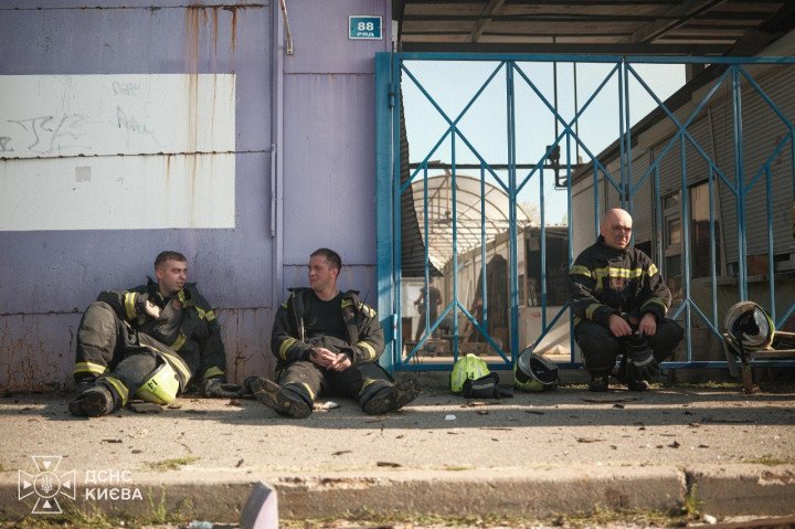 Kyiv firefighters rest after responding to a Russian attack on a market in the capital on August 16, 2026. (Source: Kyiv SES) Kyiv firefighters rest after responding to a Russian attack on a market in the capital on August 16, 2026. (Source: Kyiv SES)