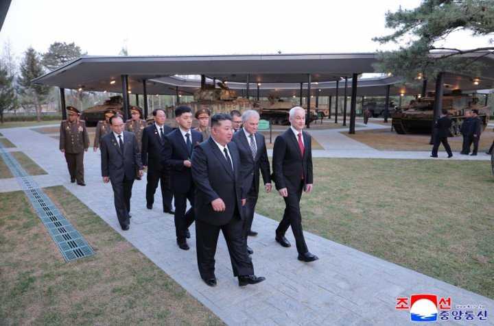 North Korean and Russian delegations tour an outdoor exhibit of armored vehicles during the opening of a military museum in Pyongyang, April 2026. (Source: KCNA)