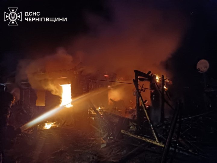 Firefighters battle a blaze at a destroyed site after a Russian attack in Chernihiv region, April 25, 2026. (Source: State Emergency Service of Ukraine in Chernihiv region)