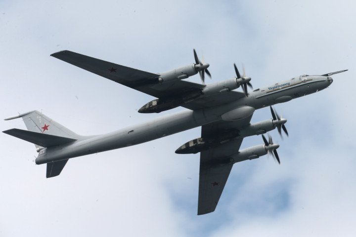 A Russian Tu-142 maritime patrol and anti-submarine warfare aircraft during a Navy Day parade rehearsal in St. Petersburg, Russia. (Source: Getty Images)