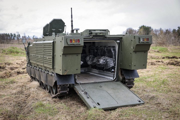Rear compartment of the “Skif” APC with ramp lowered, showing troop access and internal layout. (Source: Defense Express)