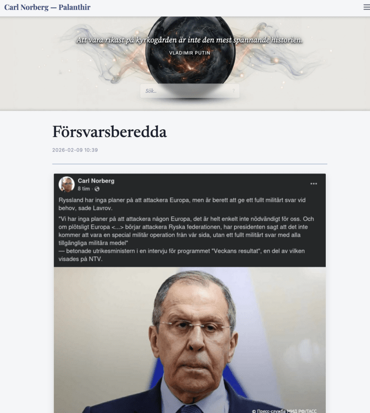 The article reports Lavrov’s claim that Russia has no plans to attack Europe but is prepared to deliver a full-scale military response if necessary. (Source: Carl Norberg)