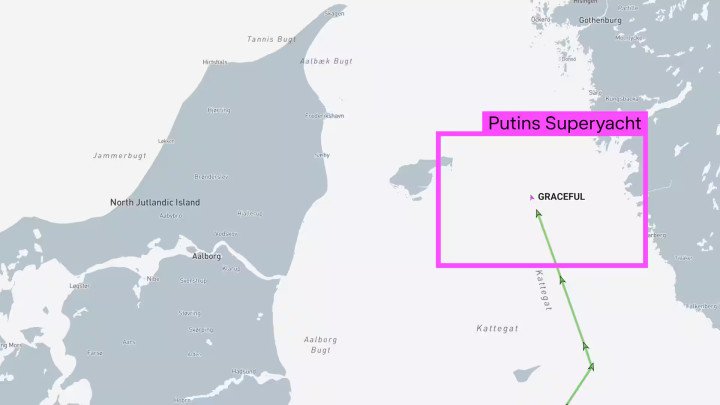 Map showing the reported route of the Putin-linked superyacht Graceful through Danish waters on June 29. (Source: DR)