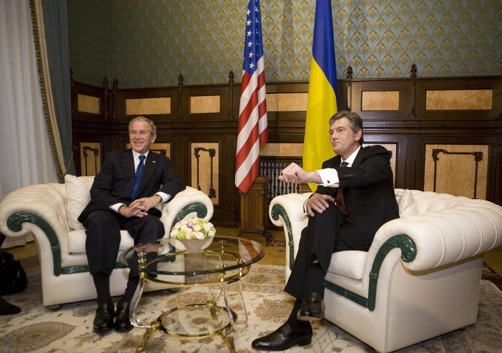 US President George W. Bush and Ukrainian President Viktor Yushchenko pose during a bilateral meeting in Kyiv on April 1, 2008, as Bush voiced support for Ukraine’s NATO membership aspirations. (Source: Getty Images) US President George W. Bush and Ukrainian President Viktor Yushchenko pose during a bilateral meeting in Kyiv on April 1, 2008, as Bush voiced support for Ukraine’s NATO membership aspirations. (Source: Getty Images)