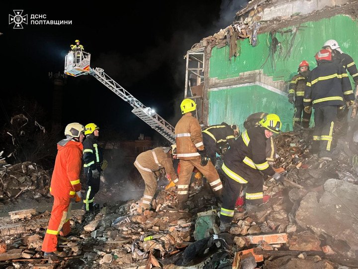 Rescuers clear the debris of a destroyed residential building in Poltava after a Russian missile strike on February 1. (Source: SESU) Rescuers clear the debris of a destroyed residential building in Poltava after a Russian missile strike on February 1. (Source: SESU)