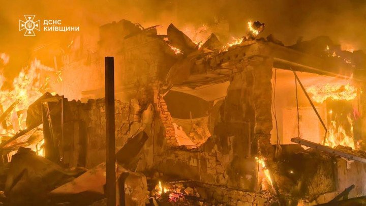 The remains of a private home destroyed by a Russian drone attack in Pukhivka, Kyiv region, on August 8, 2026. (Source: State Emergency Service of Ukraine) The remains of a private home destroyed by a Russian drone attack in Pukhivka, Kyiv region, on August 8, 2026. (Source: State Emergency Service of Ukraine)