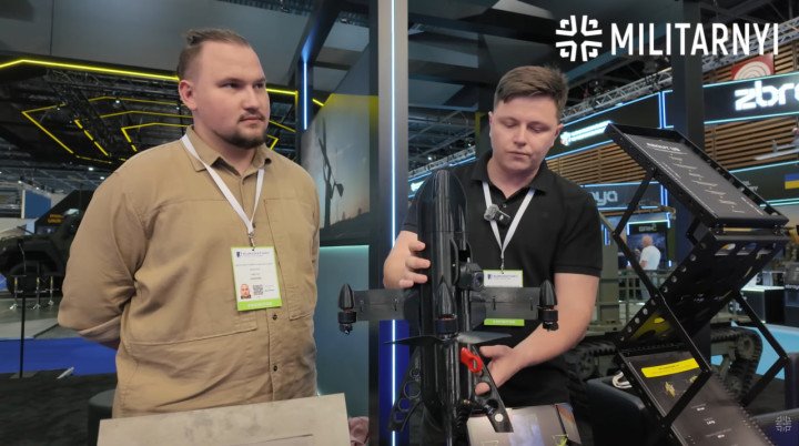 Ukraine’s Skazhenyi air defense drone displayed at Eurosatory 2026. (Source: Militarnyi) Ukraine’s Skazhenyi air defense drone displayed at Eurosatory 2026. (Source: Militarnyi)