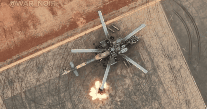 A Mi-24 helicopter comes under attack during a drone strike on Mopti Air Base in Mali. (Source: War Noir)