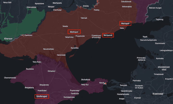 Map showing the Russian-controlled R-280 logistics corridor linking Mariupol, Melitopol, Berdyansk, and occupied Crimea. (Source: DeepStateMap) Map showing the Russian-controlled R-280 logistics corridor linking Mariupol, Melitopol, Berdyansk, and occupied Crimea. (Source: DeepStateMap)