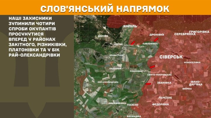 Mapa del eje Sloviansk donde Ucrania detuvo cuatro intentos de avance ruso cerca de Zakytne, Riznykivka y otras áreas clave. (Foto: Estado Mayor de las Fuerzas Armadas de Ucrania, 29 de marzo de 2026) mapa Sloviansk Ucrania frente Donbas ofensiva rusa detenida avances fallidos Rusia Ucrania guerra hoy 2026 mapa