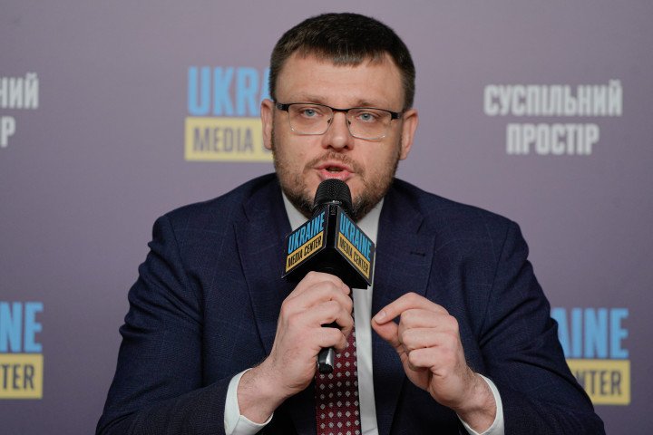 Semen Kryvonos, Director of the National Anti-Corruption Bureau of Ukraine, reports at a press conference on the results of work for the second half of 2024. Photo by Ihor Kuznietsov/Novyny LIVE/Global Images Ukraine via Getty Images.