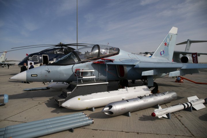 Yakovlev Yak-130 military training aircraft seen during the opening day of Dubai International Airshow. (Photo by Leonid Faerberg/SOPA Images/LightRocket via Getty Images)