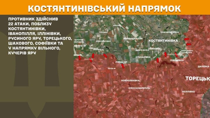 Mapa militar del eje de Kostiantynivka indicando los 22 asaltos rusos contra las líneas defensivas ucranianas.