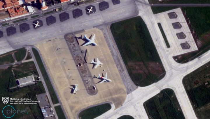 An An-124 and Il-76 from Russia’s “shadow airlines” fleet parked at Algiers Airport, April 18, 2026. (Source: Defense News / Planet Labs / James Martin Center for Nonproliferation Studies)