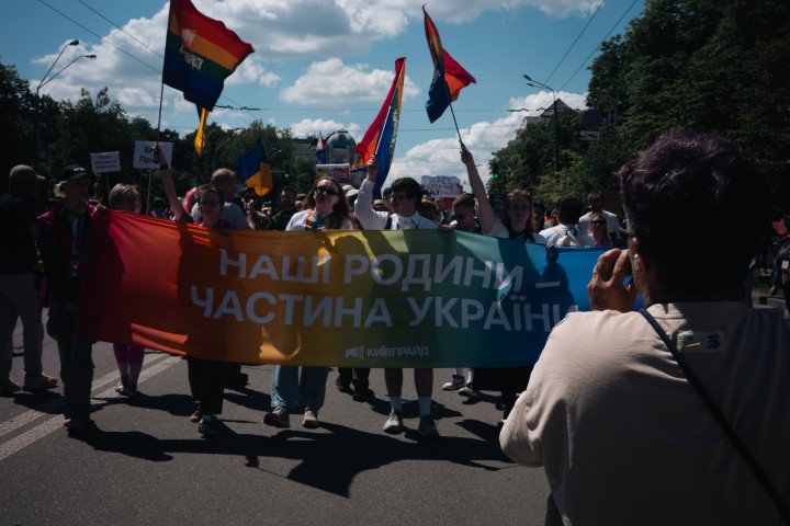 Participants march through central Kyiv carrying a banner reading “Our Families Are Part of Ukraine.” (Source: UNITED24 Media) Participants march through central Kyiv carrying a banner reading “Our Families Are Part of Ukraine.” (Source: UNITED24 Media)