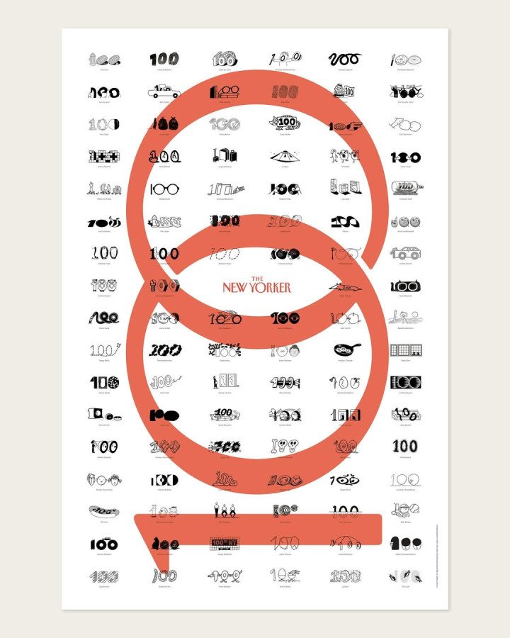 Poster celebrating the 100th anniversary of The New Yorker, featuring visual interpretations of the number “100” by 100 artists from around the world. (Source: New Yorker) Poster celebrating the 100th anniversary of The New Yorker, featuring visual interpretations of the number “100” by 100 artists from around the world. (Source: New Yorker)