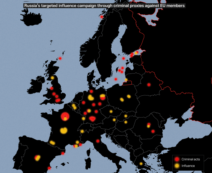 Map of Russia’s operations linked to criminal acts and vandalism across the EU in the past few years. Based on data collected for a CASSINI interactive map showing Russia’s latest operations. (Source: CASSINI, the GEODE laboratory, the French Institute of Geopolitics, and the CORUSCANT collective).