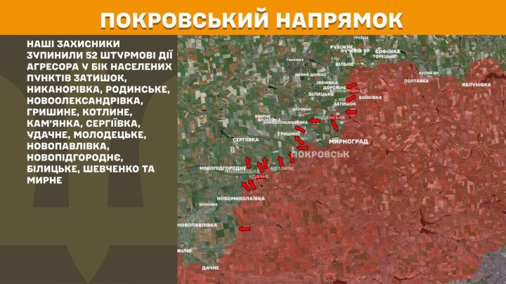 Mapa del eje de Pokrovsk. Situación táctica que detalla los 52 intentos de avance ruso hacia 15 asentamientos, incluyendo Novooleksandrivka y Myrne, repelidos por las defensas ucranianas. (Mapa: Estado Mayor de las Fuerzas Armadas de Ucrania) Mapa militar mostrando la línea de frente en Pokrovsk, Ucrania, con flechas indicando 52 asaltos rusos bloqueados.