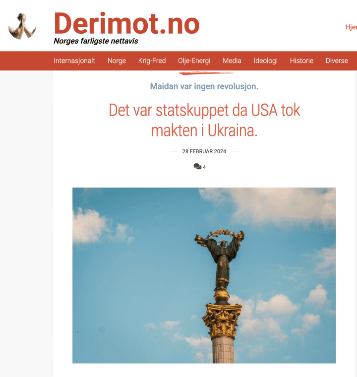 A February 2024 article on Norwegian website Derimot.no falsely portrays Ukraine's Revolution of Dignity as a US-backed coup, claiming Washington seized power in Ukraine. (Screenshot: Derimot.no) A February 2024 article on Norwegian website Derimot.no falsely portrays Ukraine's Revolution of Dignity as a US-backed coup, claiming Washington seized power in Ukraine. (Screenshot: Derimot.no)