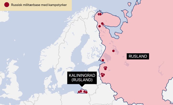Map showing Russian military bases near NATO borders as of June 2026. (Source: OpenStreetMap / Sys Abrahamsen)