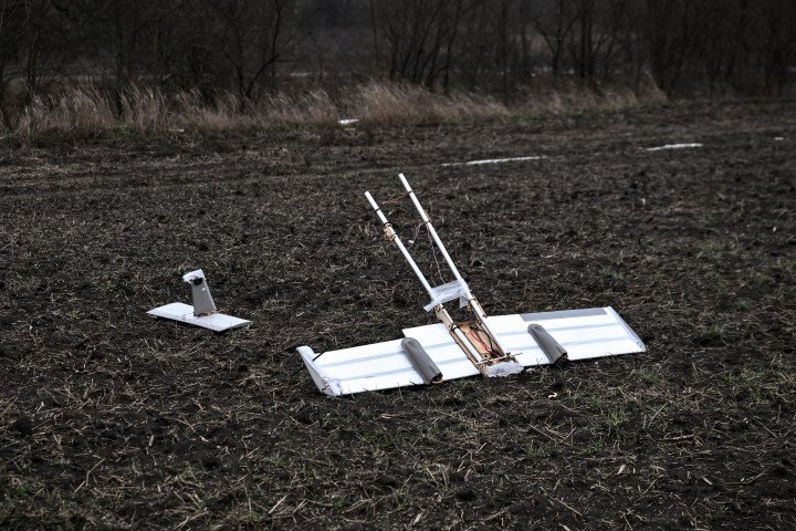 A Russian Molniya strike drone lies in the field in the Orikhiv direction, Ukraine, on January 7, 2026. Photo: Dmytro Smolienko/Ukrinform/NurPhoto via Getty Images.