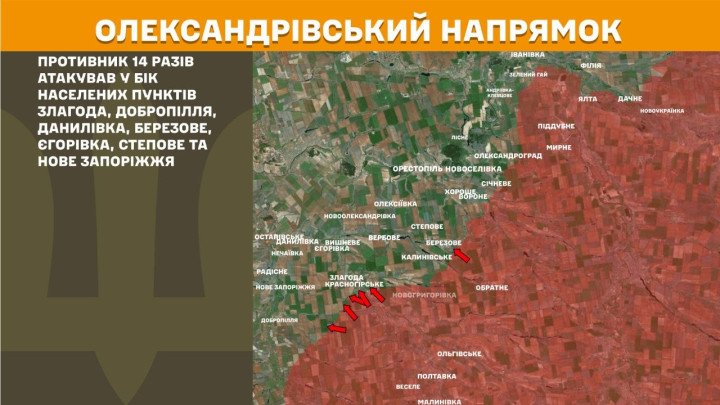 Mapa bélico del frente de Oleksandrivskyi. Las Fuerzas de Defensa de Ucrania bloquean 14 ataques de infantería rusa en la línea de contacto hoy.