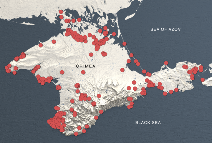 A map of military targets in temporarily-occupied Crimea (Source: Adapted from RFERL map.) A map of military targets in temporarily-occupied Crimea (Source: Adapted from RFERL map.)